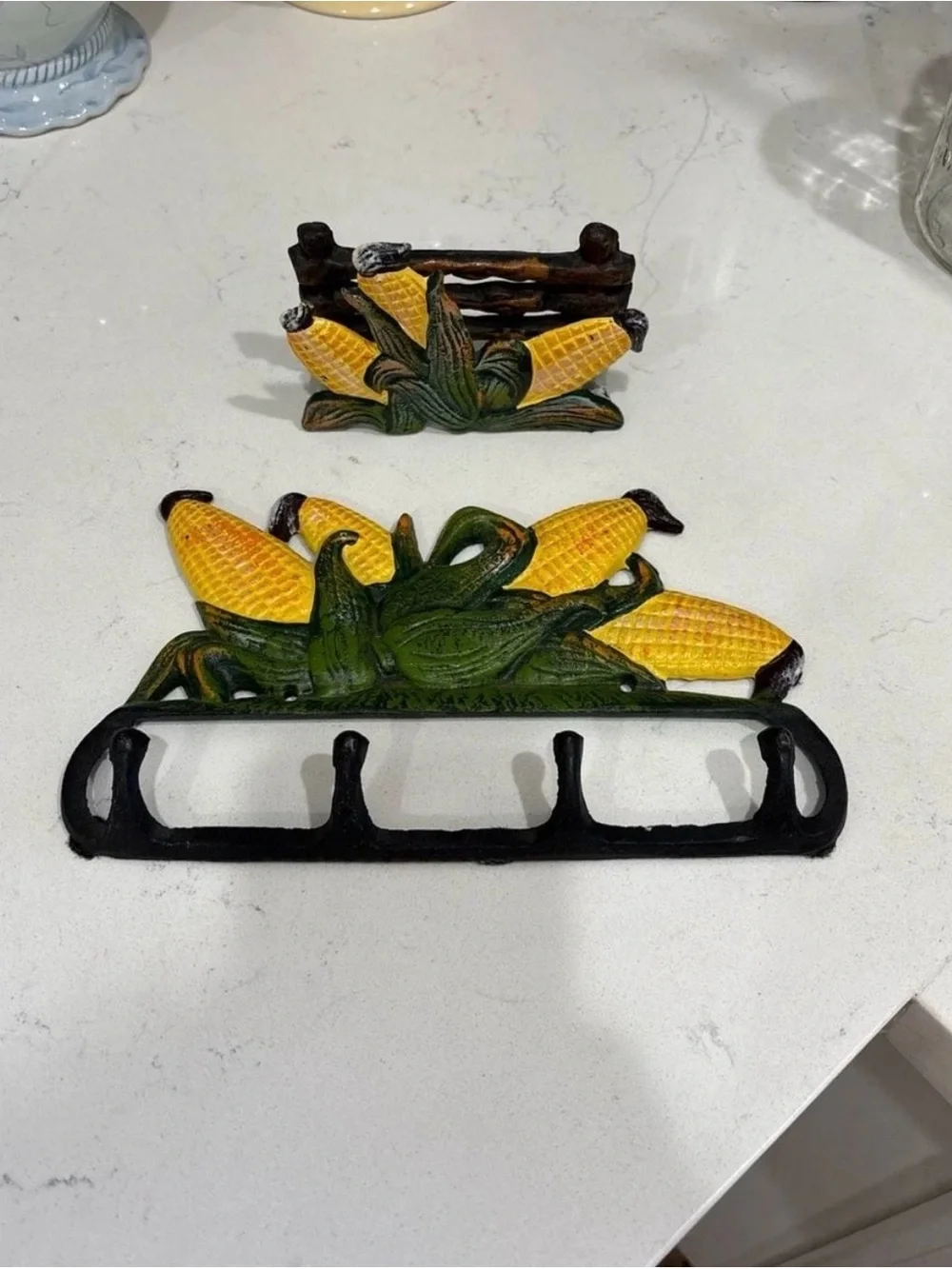 Vintage Cast Iron Corn Wall Hook Rack and Matching Napkin Holder Set